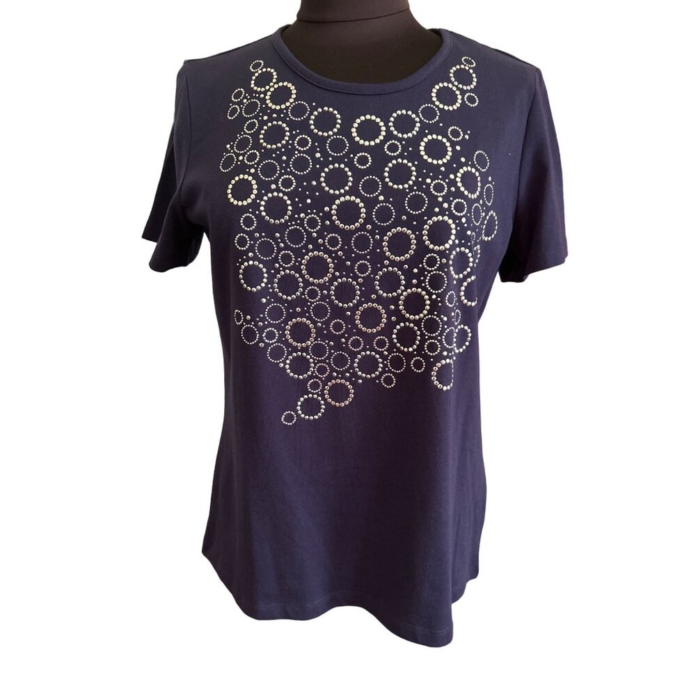 Coral Bay Women's Short Sleeve Navy Top With Rhinestone Circle Design, Size Med